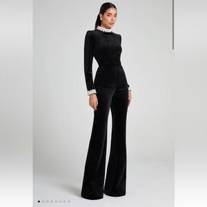 Nadine Merabi Black Jumpsuit with White Pearl Accents